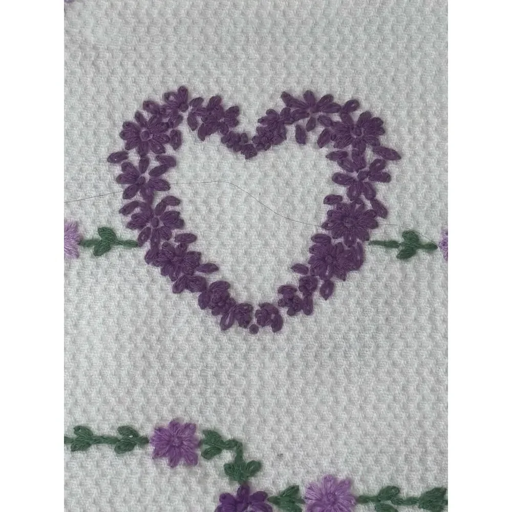 Hand Stitched Vintage Linen Runner Cross Stitch Purple Hearts 34x14 Cottagecore